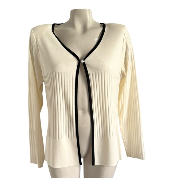 Misook Ribbed 1 Button Ivory Knit Black Trim Cardigan Sweater Jacket SZ M - Picture 3 of 5